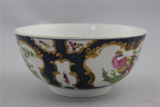 A Worcester scale blue fantastic birds bowl, c.1775, diam. 16cm, wear to interior